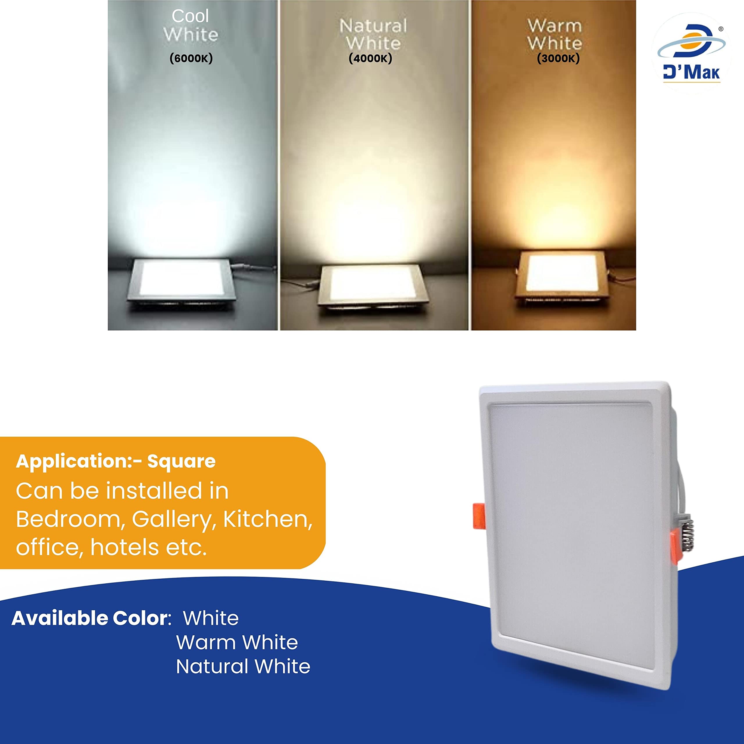 D’Mak 22 Watt Square PC LED Conceal Panel Ceiling Light for POP False Ceiling, Poly Carbonate Material, LED Light with Chip for Living Room, Bedroom and Hall (3IN1 (WH,WW.NWH), 8) 3