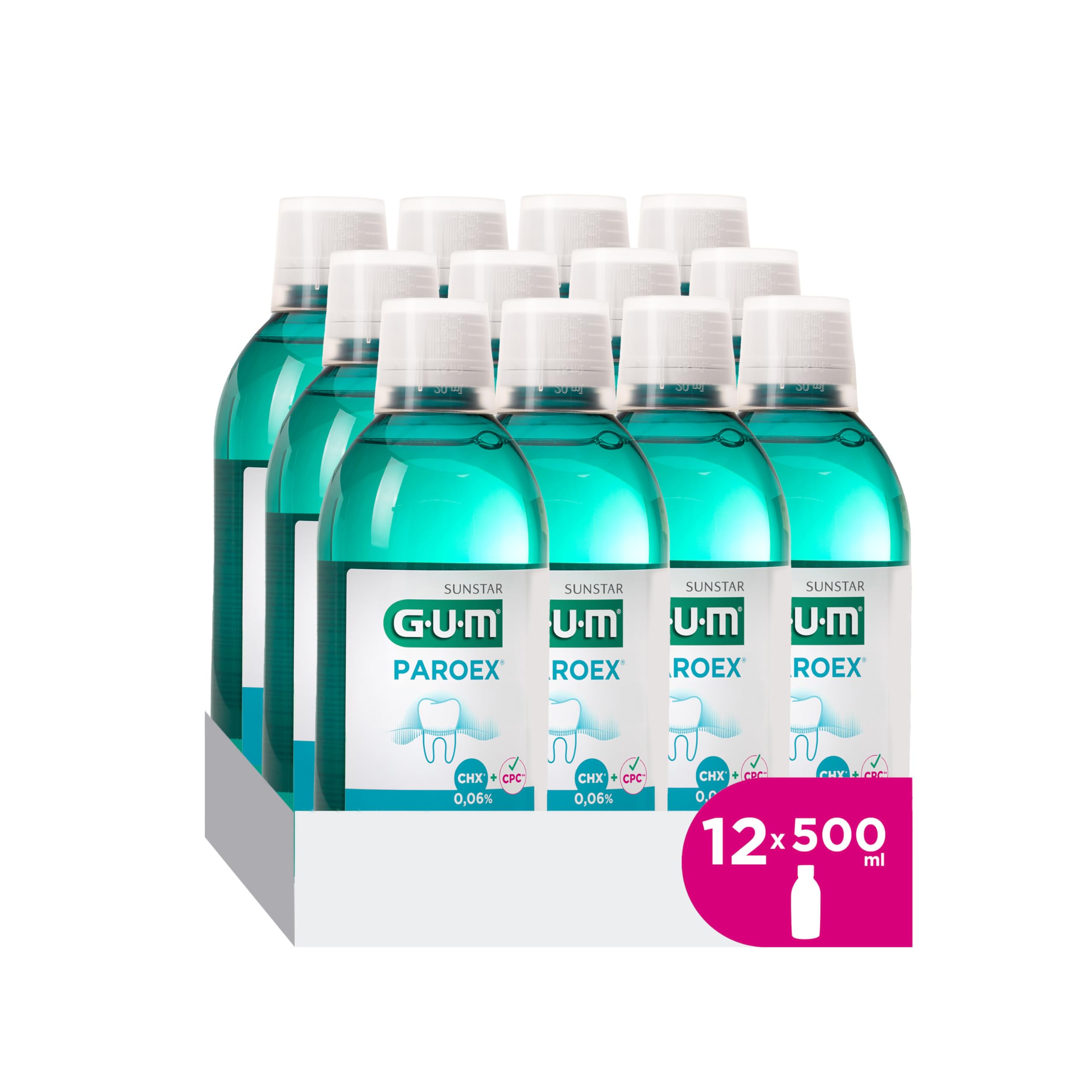 GUM PAROEX 0,06% Pflege- Mundspülung | fortschrittliche Zahnfleischpflege | Zweifach-Antiplaque-System | beruhigt empfindliches Zahnfleisch | alkoholfrei | 12 x 500