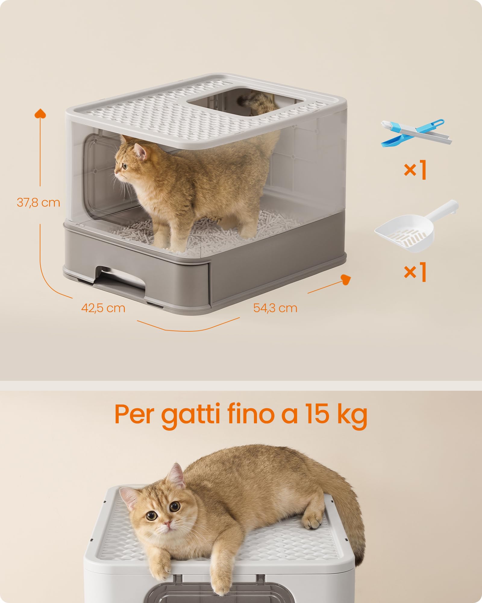 Feandrea Lettiera per Gatti in Acciaio Inox, Cassetta per Lettiera con Vassoio Estraibile, Paletta, Spazzola, 2 Ingressi, per Gatti Fino a 15 kg, Grigio Chiaro e Grigio Scuro PPT004G101