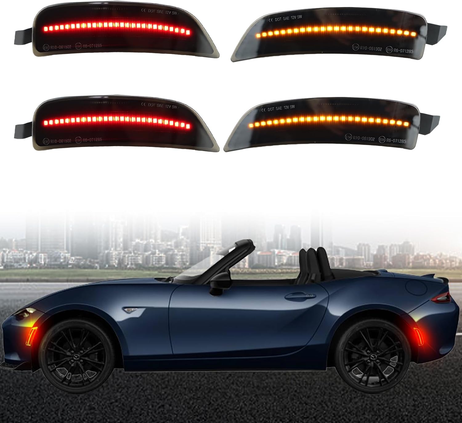 Amber&Red LED Front & Rear Fender Side Marker Lights Kit for for Mazda MX-5 Miata ND 2016-2024 Fender Side Markers,Smoked Lens Side Bumper Marker Lamps,4pcs