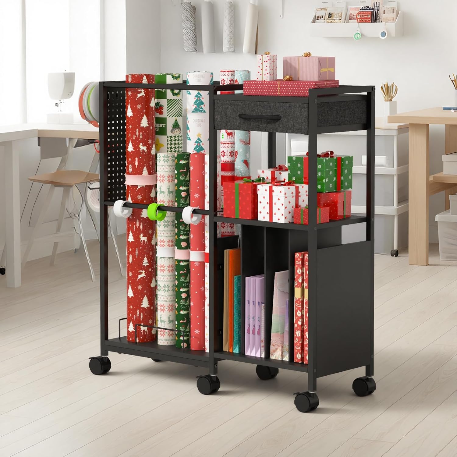 Kikihouse Wrapping Paper Storage Cart with 12PCS Slap Bands, Rolling Gift Wrapping Station for Gift Bags and Ribbons, Gift Wrap Organizer with Drawer and Hooks(Black)