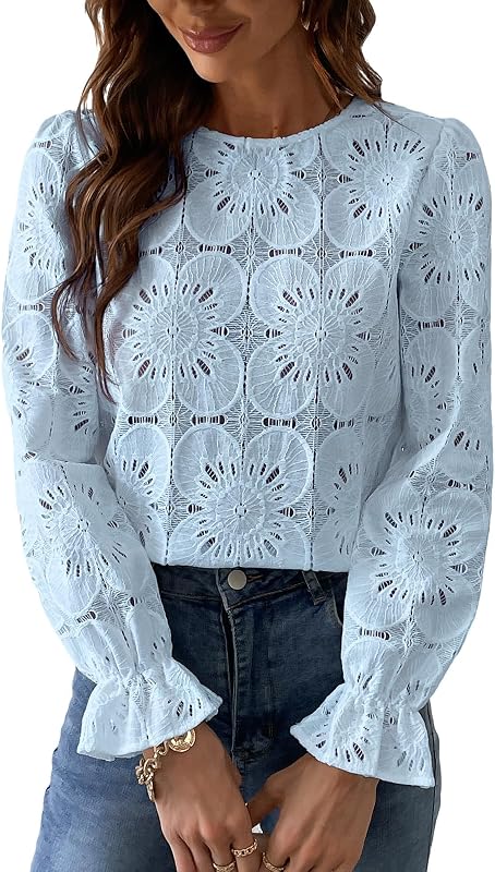 Women's Lace Eyelet Puff Sleeve Blouse