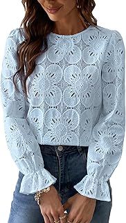 Women's Eyelet Long Sleeve Tops Shirts Dressy Hollow Out Crochet Lace Embroidered Blouses 2026 Fashion