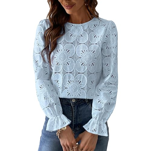 CUPSHE Women's Long Sleeve Eyelet Tops Hollow Out Lace Embroidered Crochet Blouses 2026