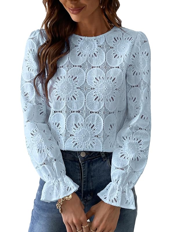 CUPSHE Women's Lace Eyelet Puff Sleeve Blouse Blue M by CUPSHE - Used condition - US$27.01