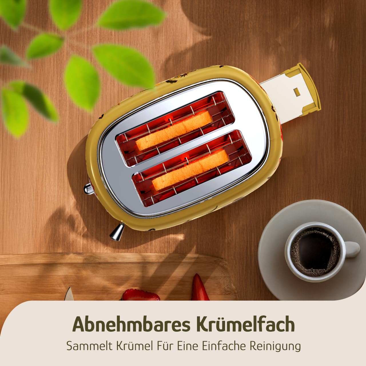 Hazel Quinn × Eduardo Recife 2-Scheiben Vintage Retro-Toaster Floral Design | Edelstahl, 6 Bräunungsstufen, 815 Watt, Auftau-, Aufwärm- und Stoppfunktion, Krümelschublade, ideal für Familien und Paare