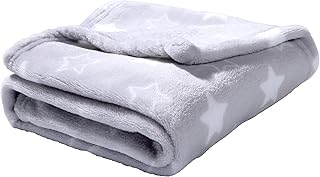 Soft Fleece Baby Blanket Plush Flannel Newborn Moses Basket Pram Girl & Boy, Grey With Stars, 60x90cm