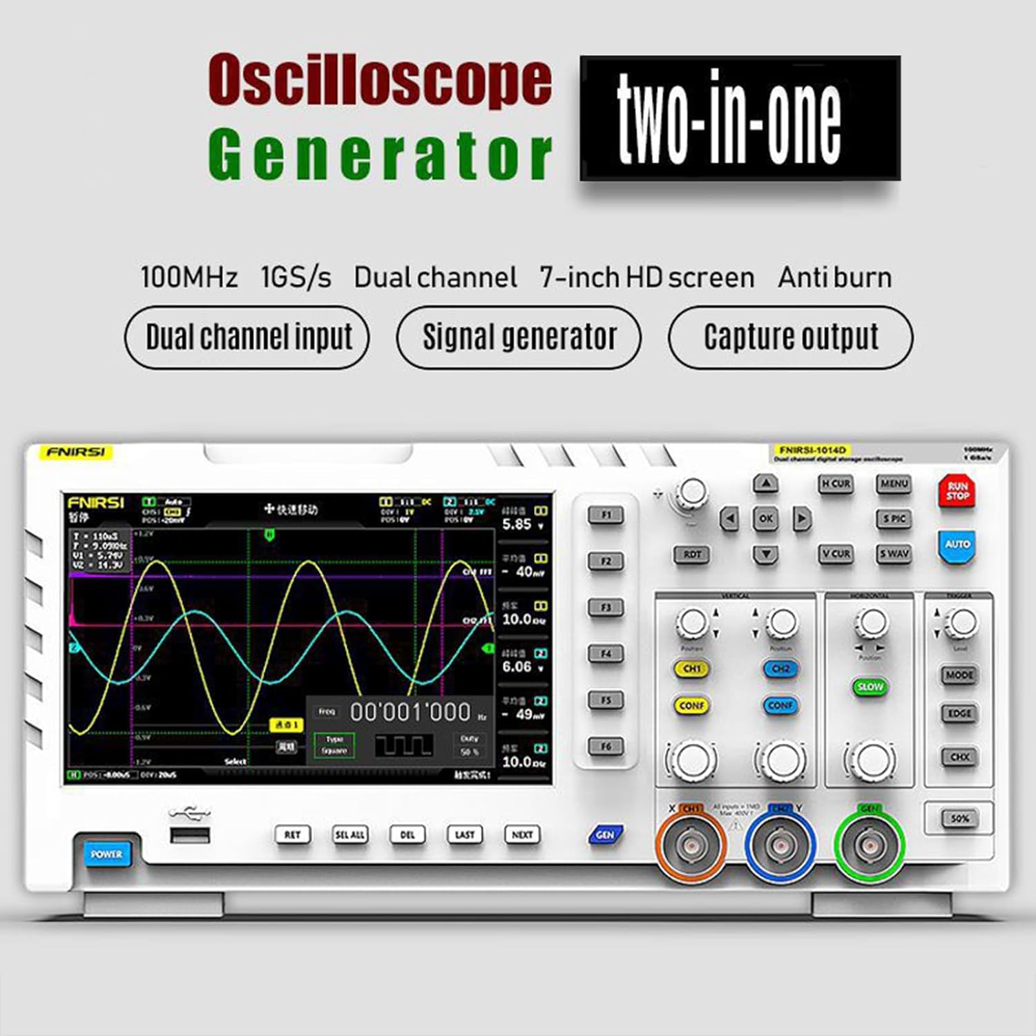 2 Channel Oscilloscope ADS1014D, 2in1 Oscilloscope and Signal Generator, 100MHz, Built-in 1GB Storage Space, ANA-Log Bandwidth, 1GSA/S Sampling Rate Intelligent Anti-Burn 2 Channel Oscilloscope ADS1014D, 2in1 Oscilloscope and Signal Generator, 100MHz, Built-in 1GB Storage Space, ANA-Log Bandwidth, 1GSA/S Sampling Rate Intelligent Anti-Burn