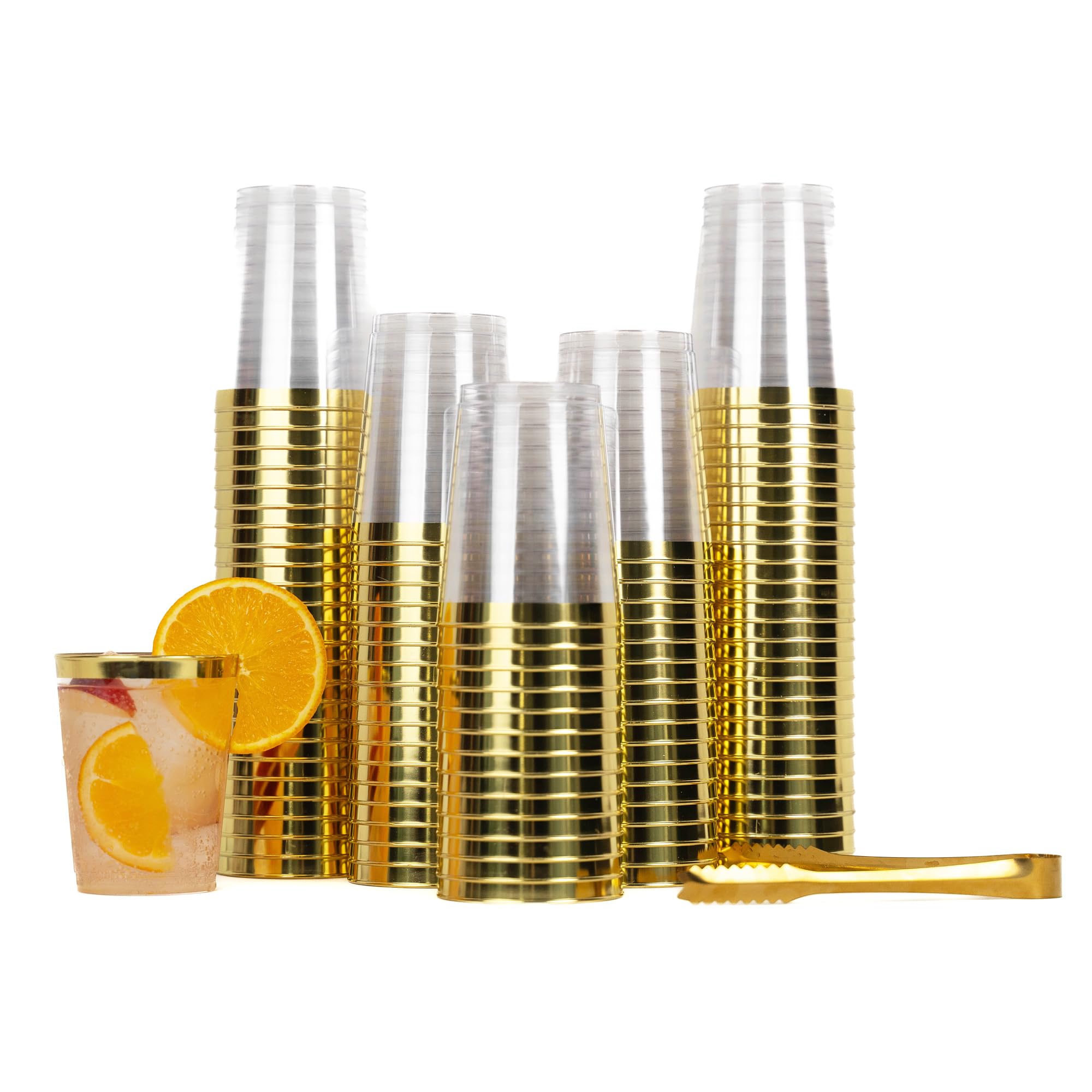 APL Homeware 150 Pcs Gold Disposable Cups Tumblers, Plastic Wine Glasses, Gold Rimmed Plastic Cups 10 Oz, Clear Gold Plastic Cups, Wedding & Birthday Party Cups, 2024 upgraded quality with Ice Tong.