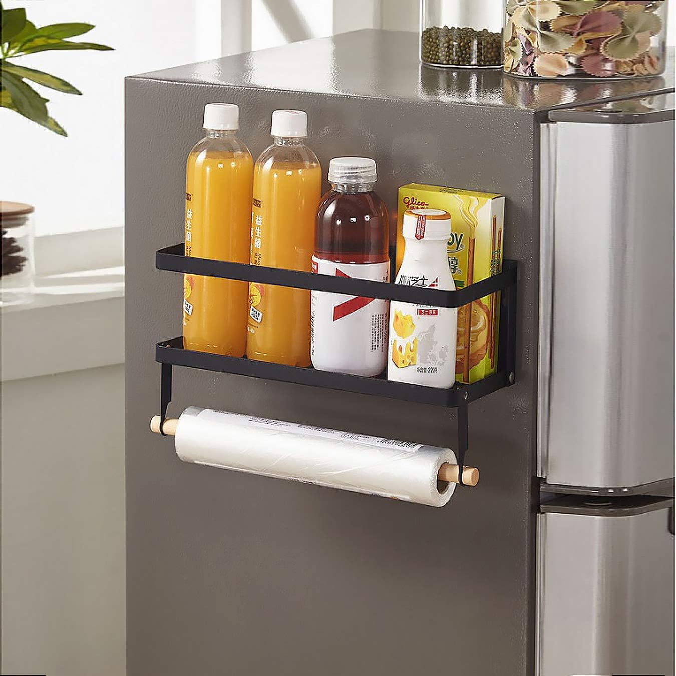 Jolitac Magnetic Fridge Spice Rack- Space Saving Organizer Black Shelf on Refrigerator, Kitchen Paper Towel Holder, Foldable Design (Black-Small) - Image 3