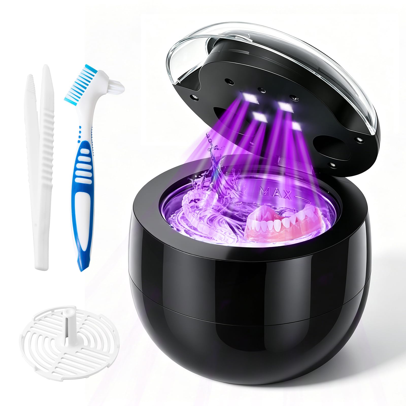 Ultraschallreinigungsgerät 45kHz, Ultraschallreiniger mit UV Licht für Gebiss Zahnersatz Zahnspange Retainer Aligner | 200ml Reinigungstank, Schmuckreiniger für Schmuck Uhren Brillen, 4 Modi Tiefenreinigung