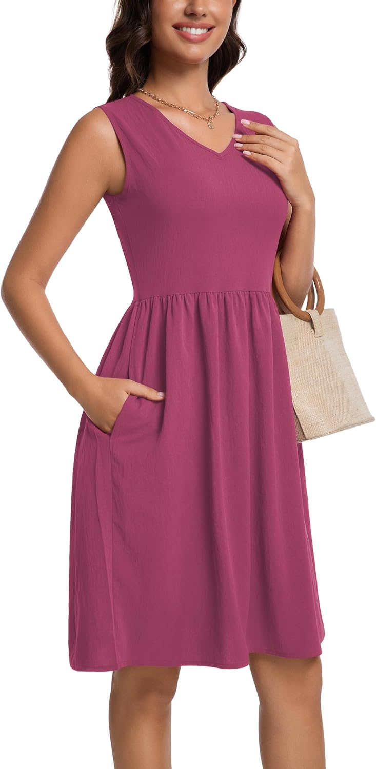 Dresses for Women 2025 V-Neck Sleeveless Summer Casual Dress Pleated Flowy Midi Dresses with Pockets - Image 2