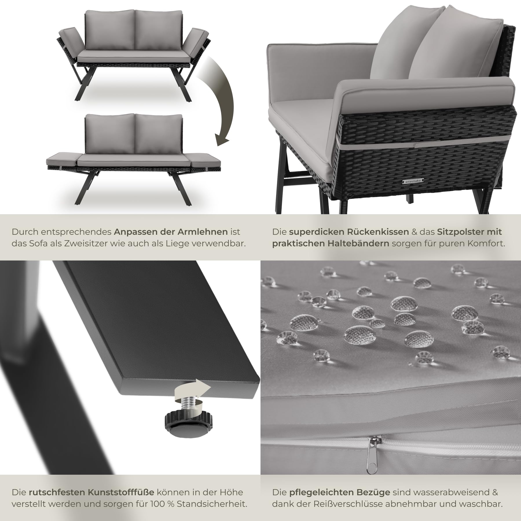 tectake® Rattan Loungesofa und Sonnenliege, Gartenmöbel, Lounge Möbel Outdoor, Sitzbank Schlaffunktion, Couch klappbarer Armlehne, Balkonmöbel, Gartenbank, Sofa, Balkon Möbel - hellgrau/schwarz