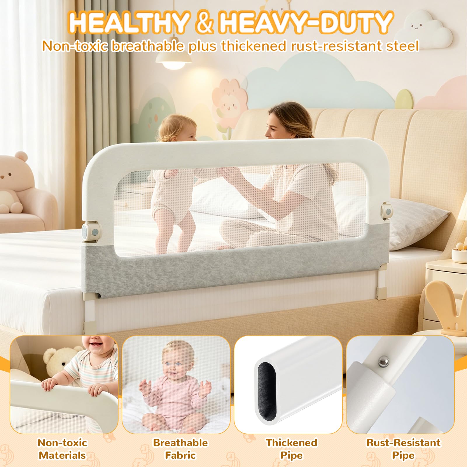 omzer Sponda per letto per bambini, altezza regolabile, 119,4 cm, protezione di sicurezza per bambini, portatile e pieghevole, per casa e viaggi, adatta per letti singoli a letti king e a castello