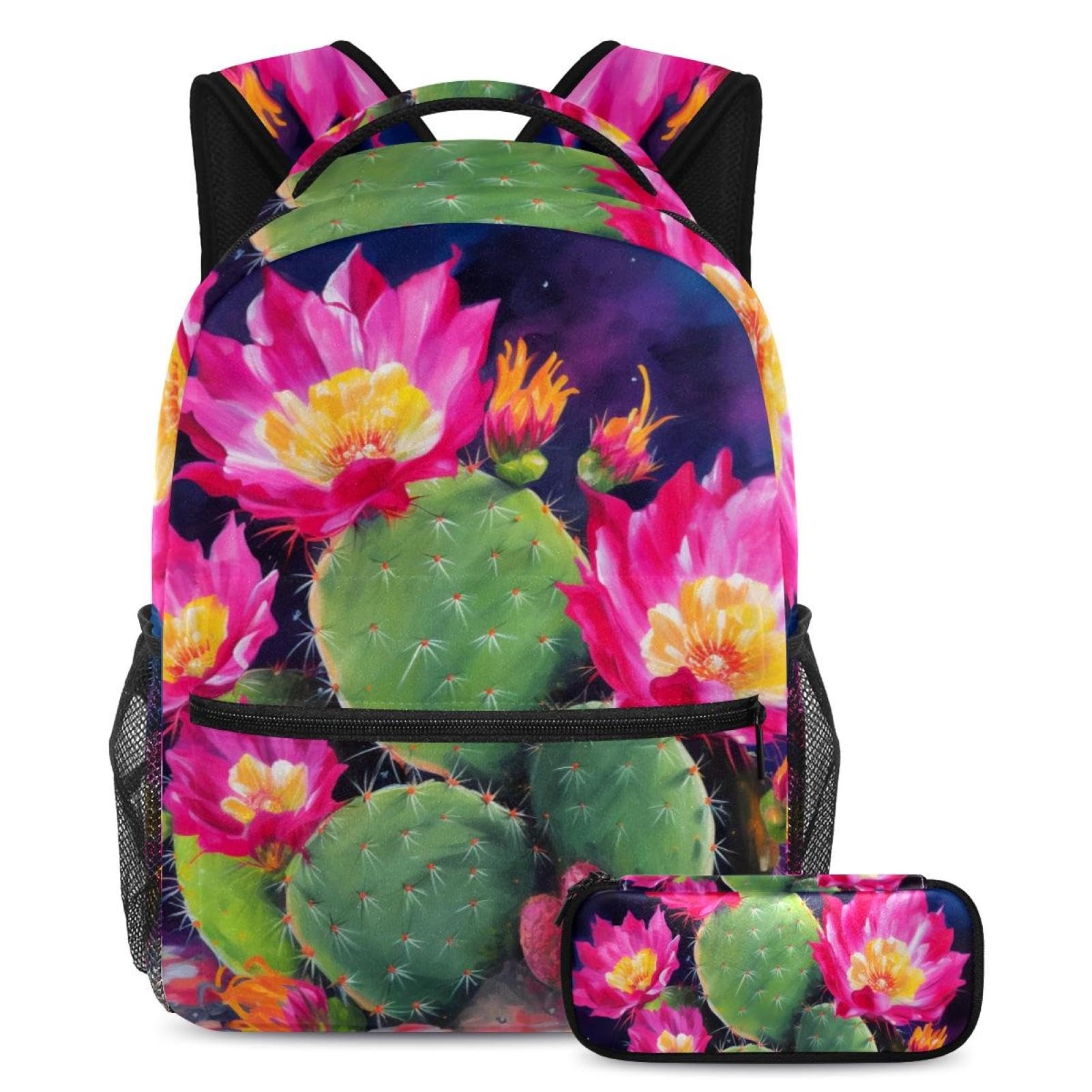 Ensemble de 2 sacs d'école avec motif fleurs de cactus roses multicolore - 7