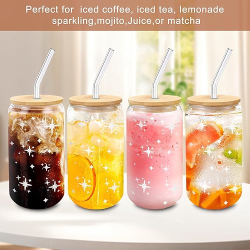 Vista 26 de Vasos de vidrio con tapas y pajitas, 1 paquete, tazas de café de vidrio, taza de vidrio con tapa para café helado, batido, cóctel, cerveza, whisky