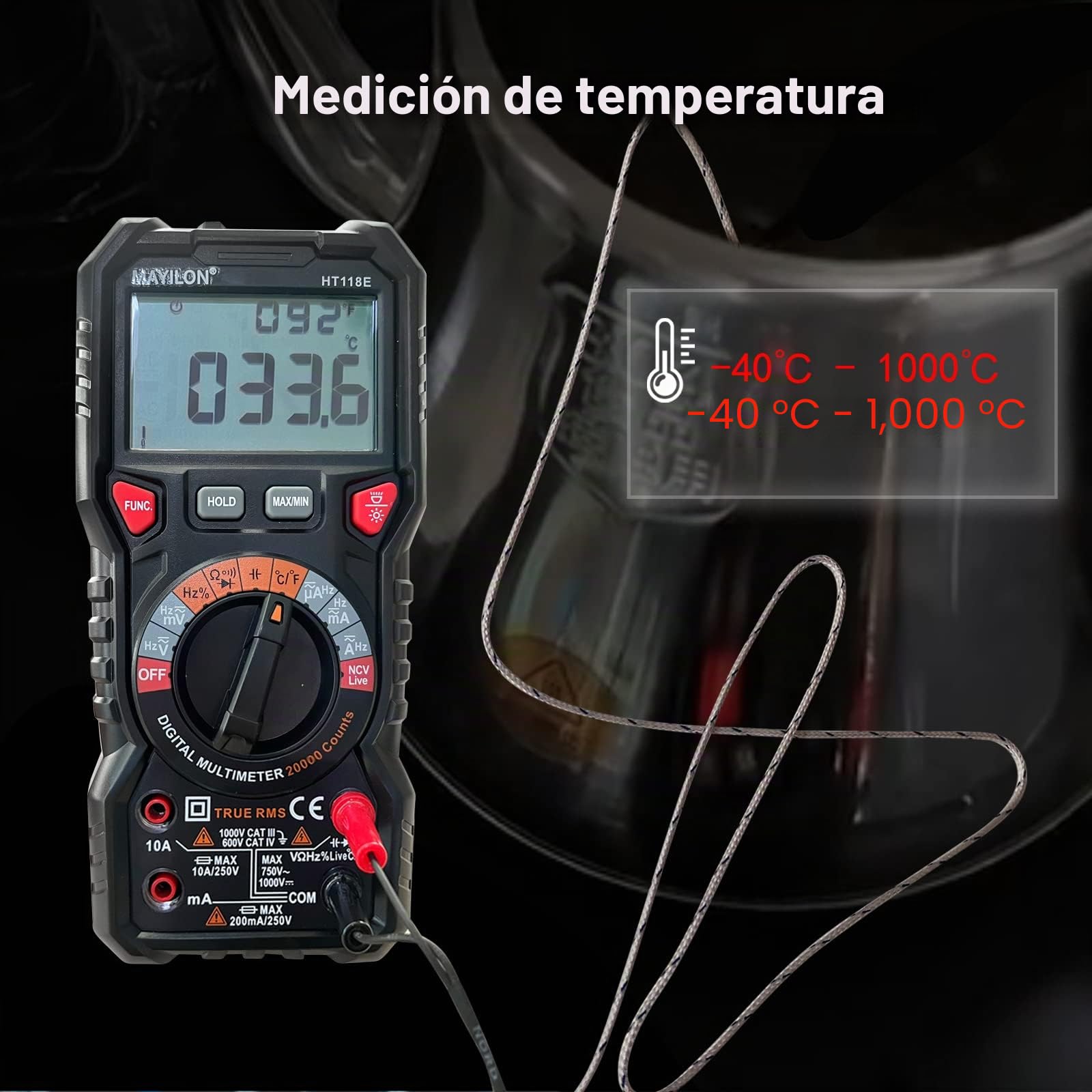 HT118E Multimetro digital20000 Cuentas, Polimetro True RMS con NCV y Detección de Cable LIVE, Mide AC/DC Voltaje y Corriente, Temperatura, Capacitancia, Resistencia, Diodos, Continuidad, Frecuencia