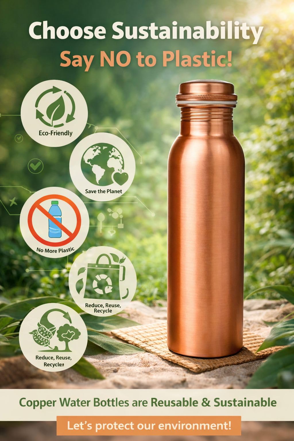 Wasserflasche aus 100 % reinem Kupfer mit Tragetasche, im Labor getestet, auslaufsicher, handgefertigt, ayurvedisches Kupfergefäß, Wasserflasche aus reinem Kupfer zum Trinken (Kupferflasche mit Tasche