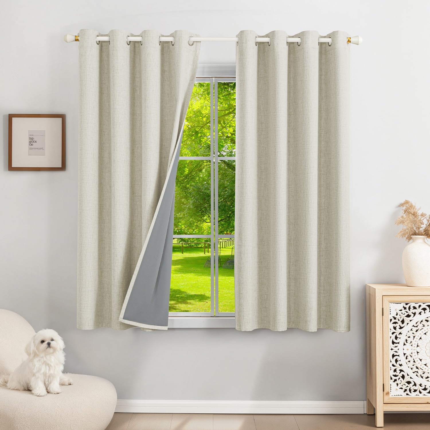 Runyéla 100% Blackout Linen Curtains Eyelet 46 x 54 Inch Drop for Bedroom Kitchen Living Room Thermal Curtain 2 Panels Light Beige