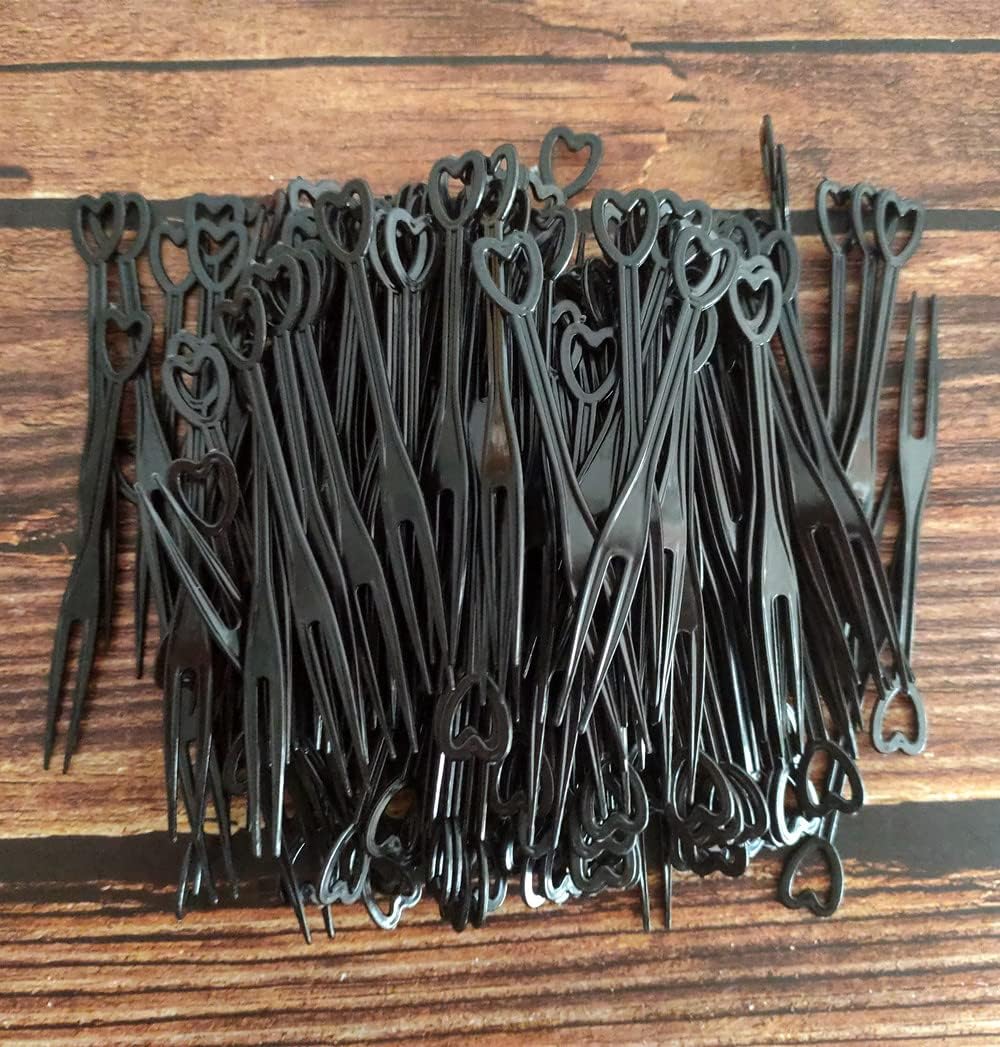 500PCS Disposable Plastic Cocktail Picks Fruit Forks, Black Heart Shape Mini Cake Forks Sticks Party Supplies, Tasting Appetizer Plates Picks Dessert Forks