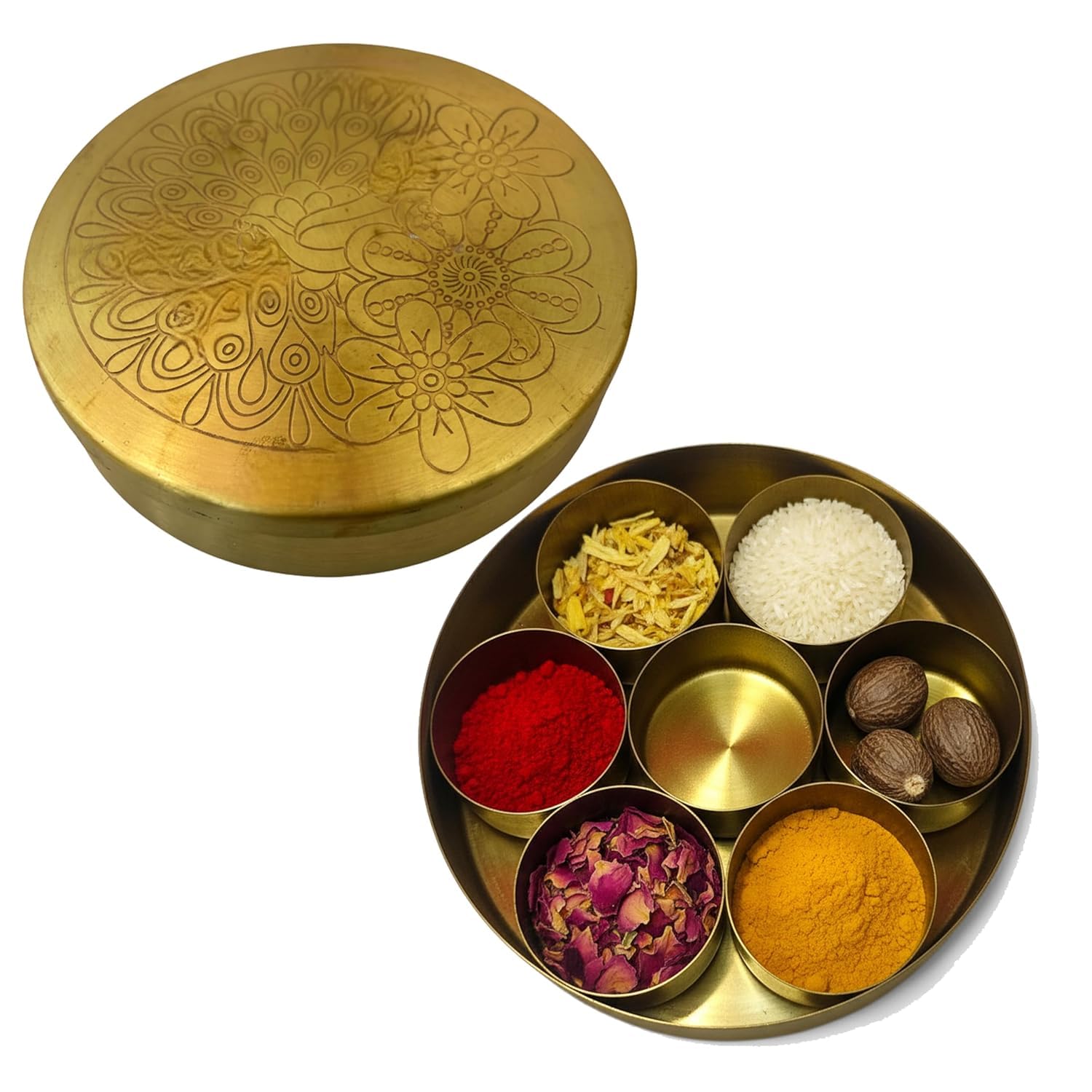 assortify Brass Pooja Box | 7 Dibbi Set for Roli, Chawal, Haldi, Kumkum, Sindoor, Chandan, Turmeric | Traditional Brass Pooja Dani with Lid Holder for Festivals, Vrat & Daily Puja modified this title 3