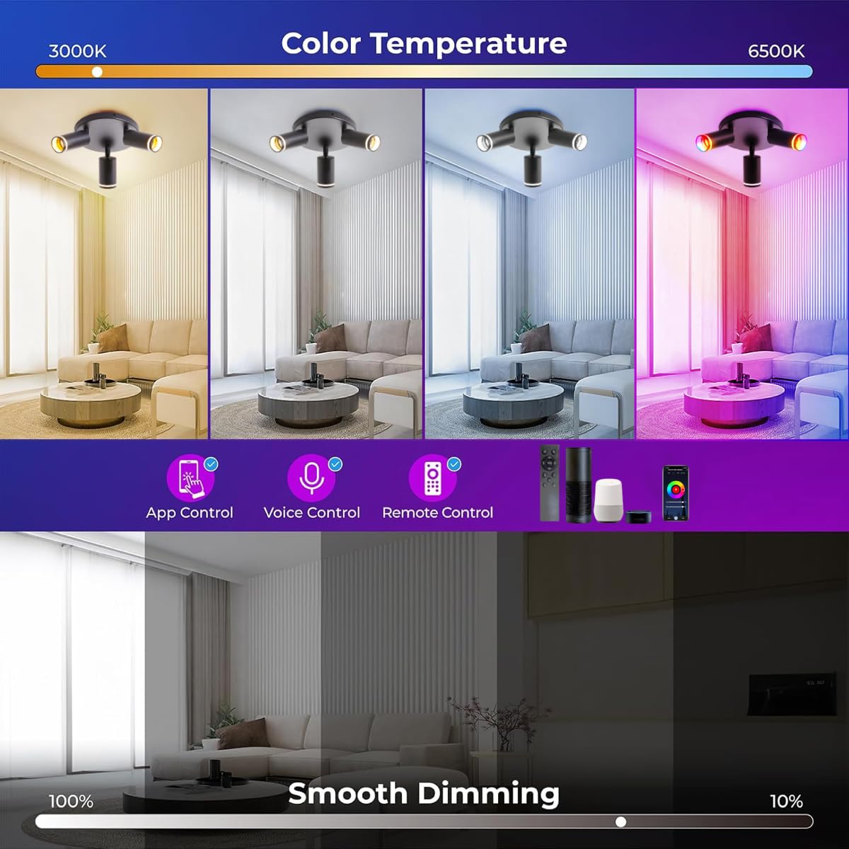 Smart Deckenstrahler 3 Flammig Rund, RGB LED Deckenspot Schwenkbar Kompatibel mit Alexa, Deckenleuchte mit Fernbedienung & APP, GU10 Deckenlampe für Wohnzimmer Schlafzimmer Küche (Mit Glühbirne)