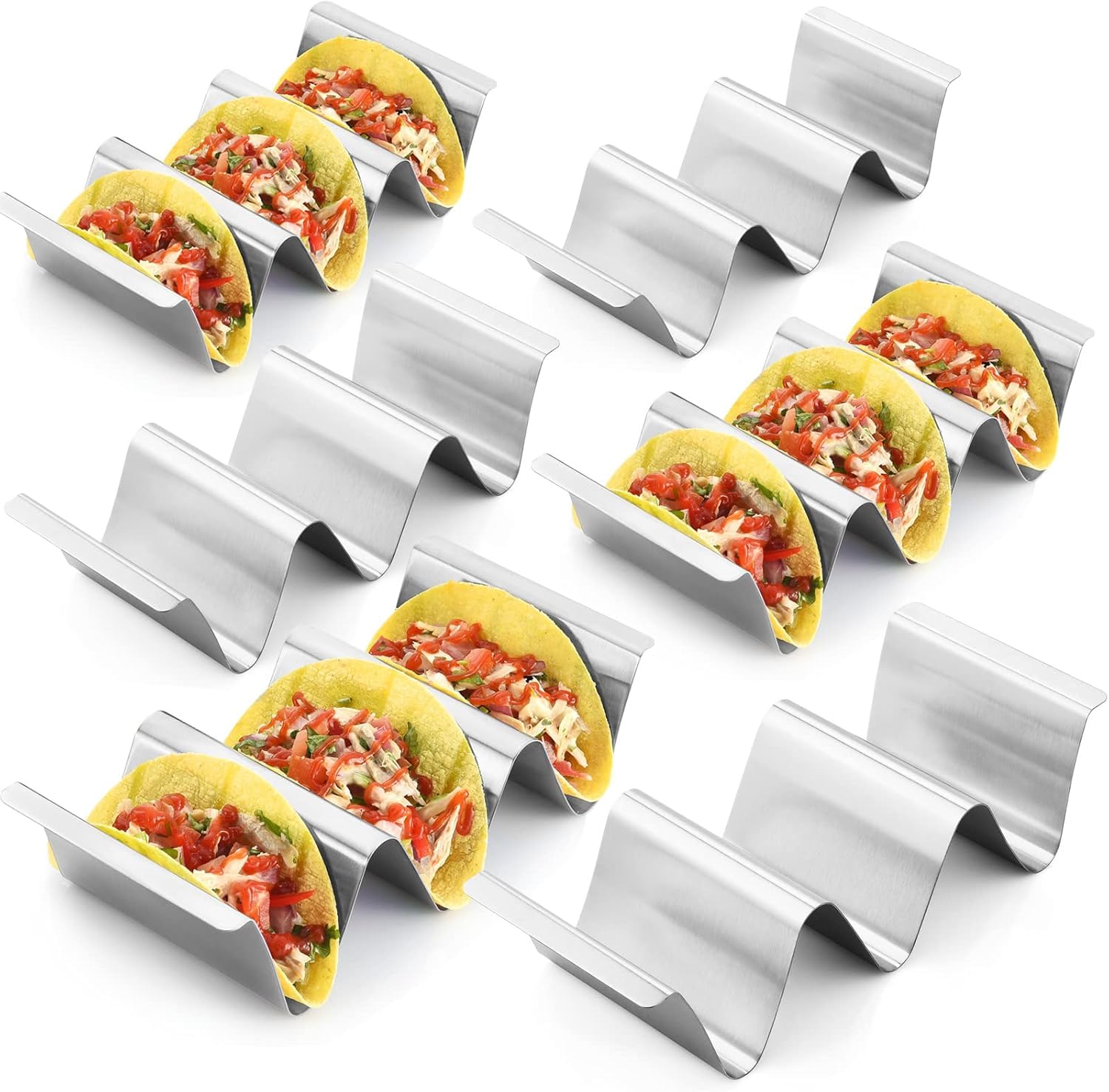 Homava Stainless Steel Taco Holder Stand, 6 Packs - Stylish Rack Holds Up to 3 Tacos Each, Keeping Shells Upright - Oven, Grill and Dishwasher Safe | Silver
