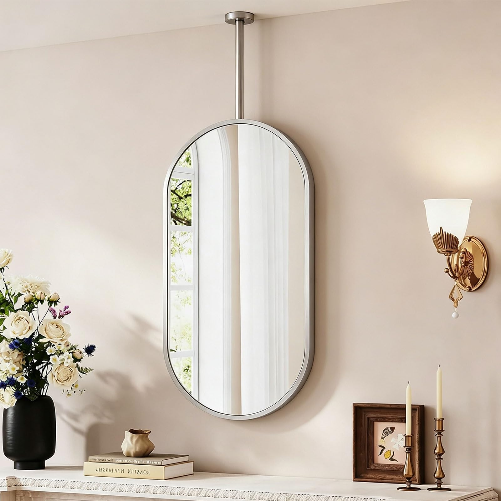 Miroirs de rasage vanité de salle de bains avec tige suspendue au plafond | Miroir monté au plafond avec cadre et flèche en acier inoxydable brossé(Silver,50cmx60cm)