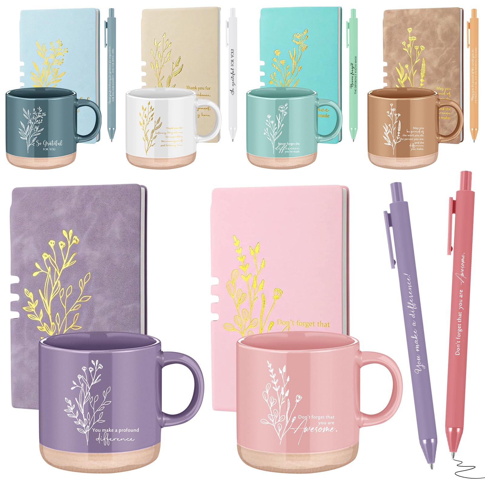 Didaey Juego de 6 juegos de regalos de agradecimiento para empleados, tazas de café de cerámica floral bohemio de 13 onzas con cuadernos de cuero A6, bolígrafos de bola, regalo de agradecimiento a
