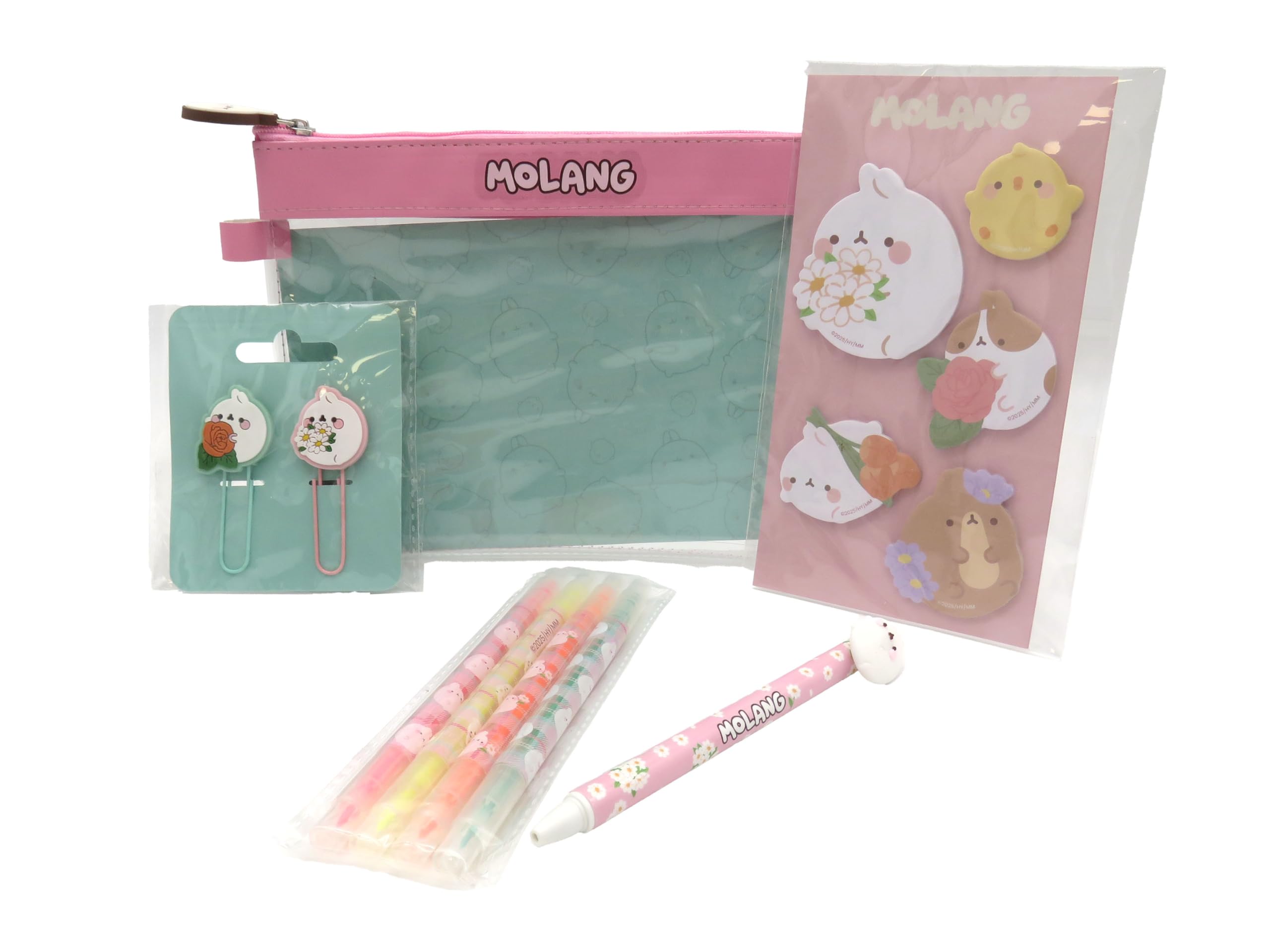 CYP BRANDS - Molang, Ensemble de papeterie, Accessoires de papeterie, Pinces, Trousse, Surligneurs, Stylo effaçable, Fleur, Rose, Produit officiel