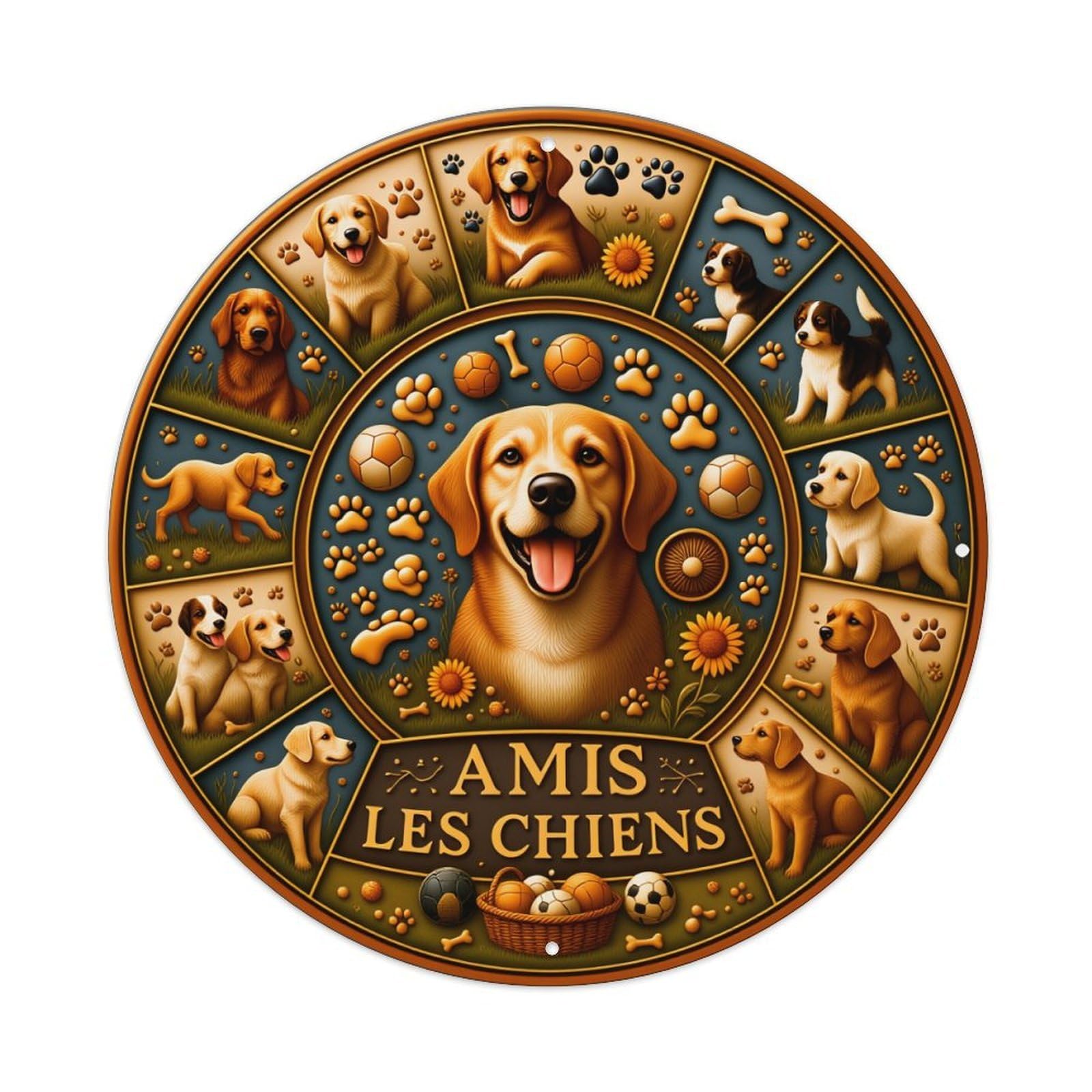 Dog Paw Print Bone Ball Flower Basket Round Vintage Tin Sign,Retro Wall Art,Metal Poster for Home, Bar, Garage, Cafe, Rustic Indoor & Outdoor Decor, 8x8 Inches