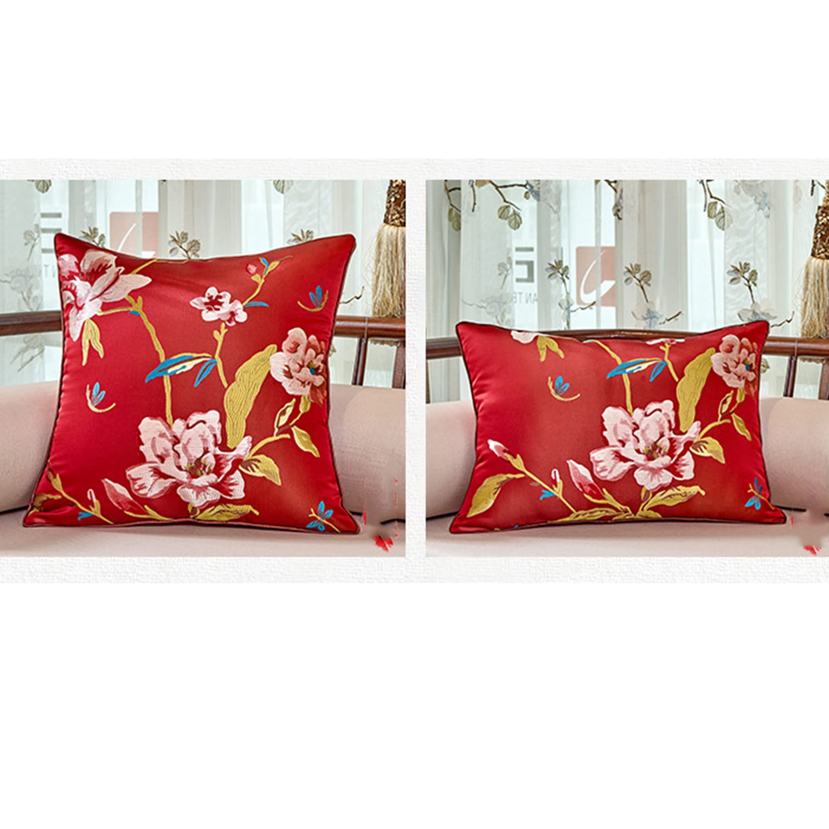 Juego de 2 fundas de almohada bordadas, funda de cojín de satén decorativa con cremallera oculta, funda de almohada jacquard para sofá, cama, rojo, 40 x 60 cm