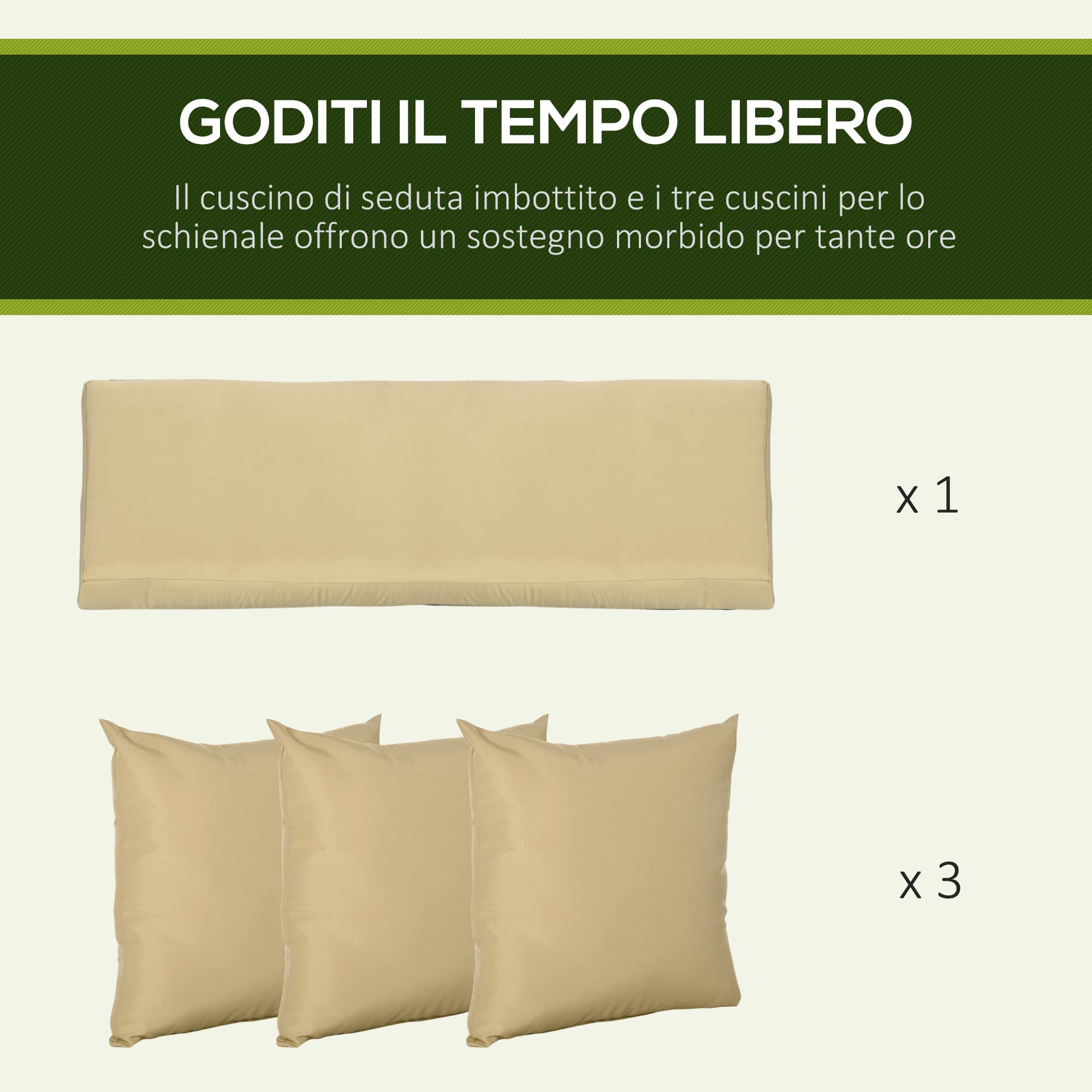 Outsunny Dondolo da Giardino 3 Posti in Acciaio e Poliestere con Tettuccio Inclinabile e Cuscini per Seduta e Schienale, 190x120x178 cm, Marrone e Kaki