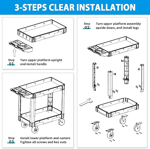 Miniatura 7 de Carrito utilitario de plástico resistente de 2 estantes, carrito de servicio con estante profundo que soporta hasta 1000 libras, carrito utilitario