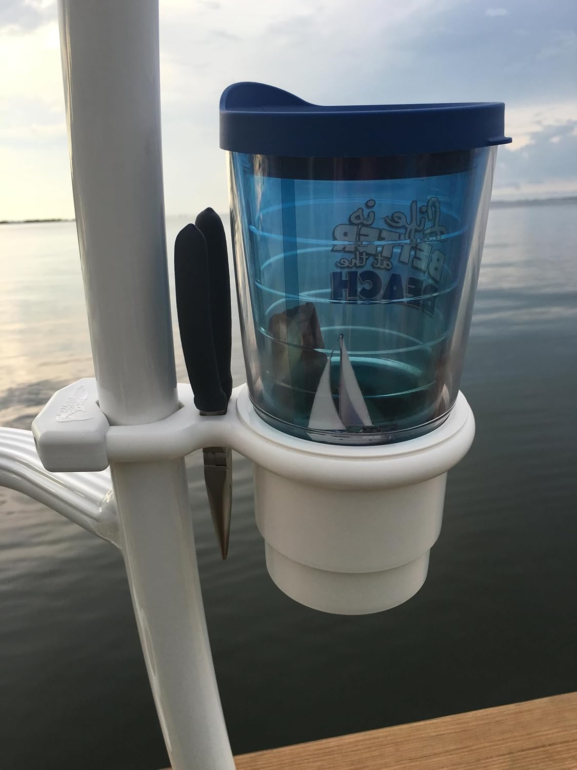 Adjustable Cup Holder for Boats, Golf carts, wheelchairs, etc...with Mounting Clamp, White UV Protected Polypropylene, Universal Pole Attachment.