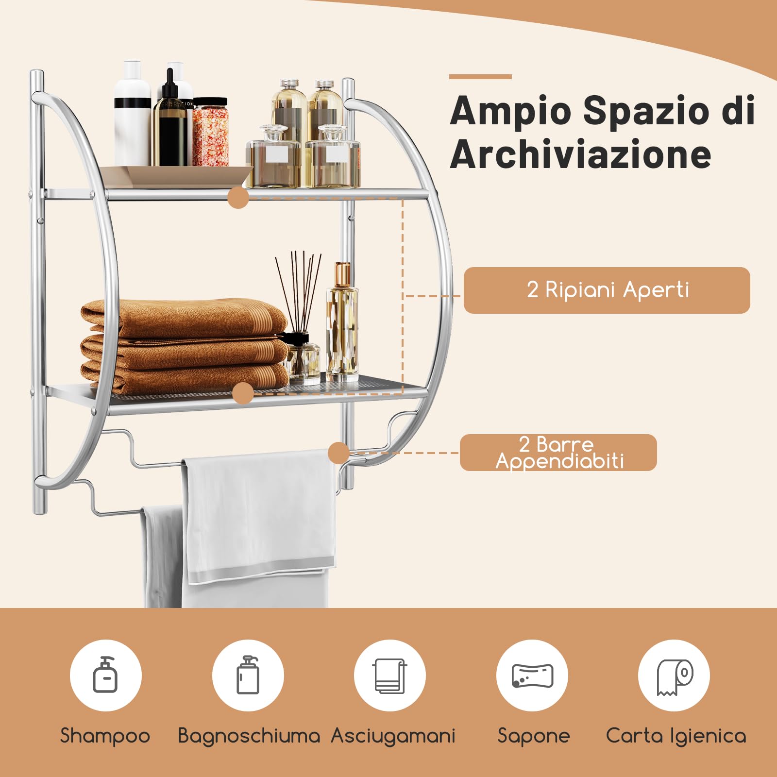 COSTWAY Porta Asciugamani da Parete Porta Salviette a 2 Ripiani per Bagno in Acciaio Inossidabile, 45 x 26 x 55 cm (Argento)