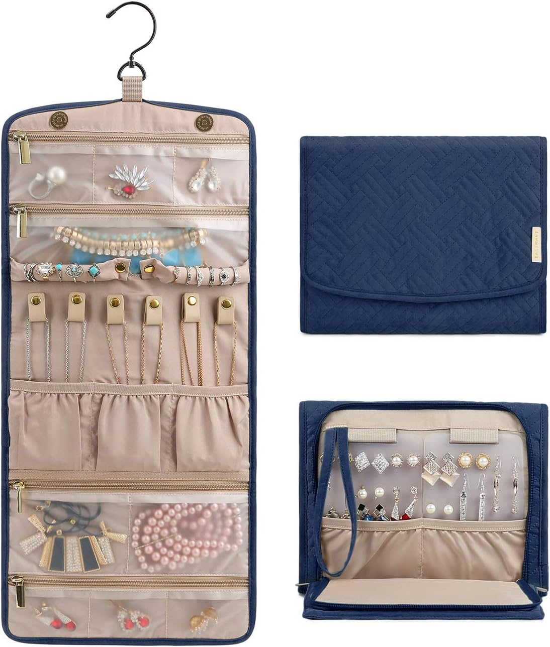 BAGSMART Travel Hanging Jewelry Organizer Case Foldable Jewelry Roll with Hanger for Journey Rings, Necklaces, Bracelets, Earrings, Smokey Blue