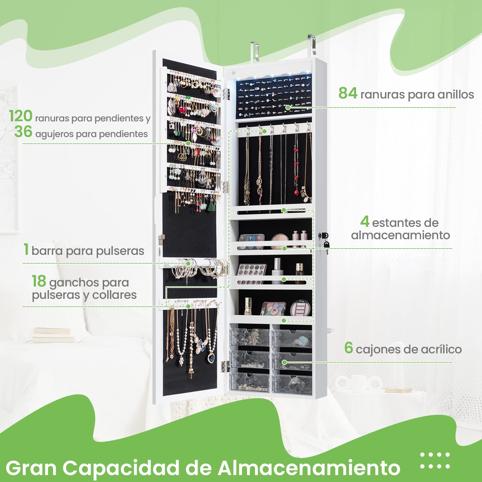 COSTWAY Armario Joyero con Espejo LED, Cerradura, Ajustes de Altura, Organizador Joyas (Blanco)