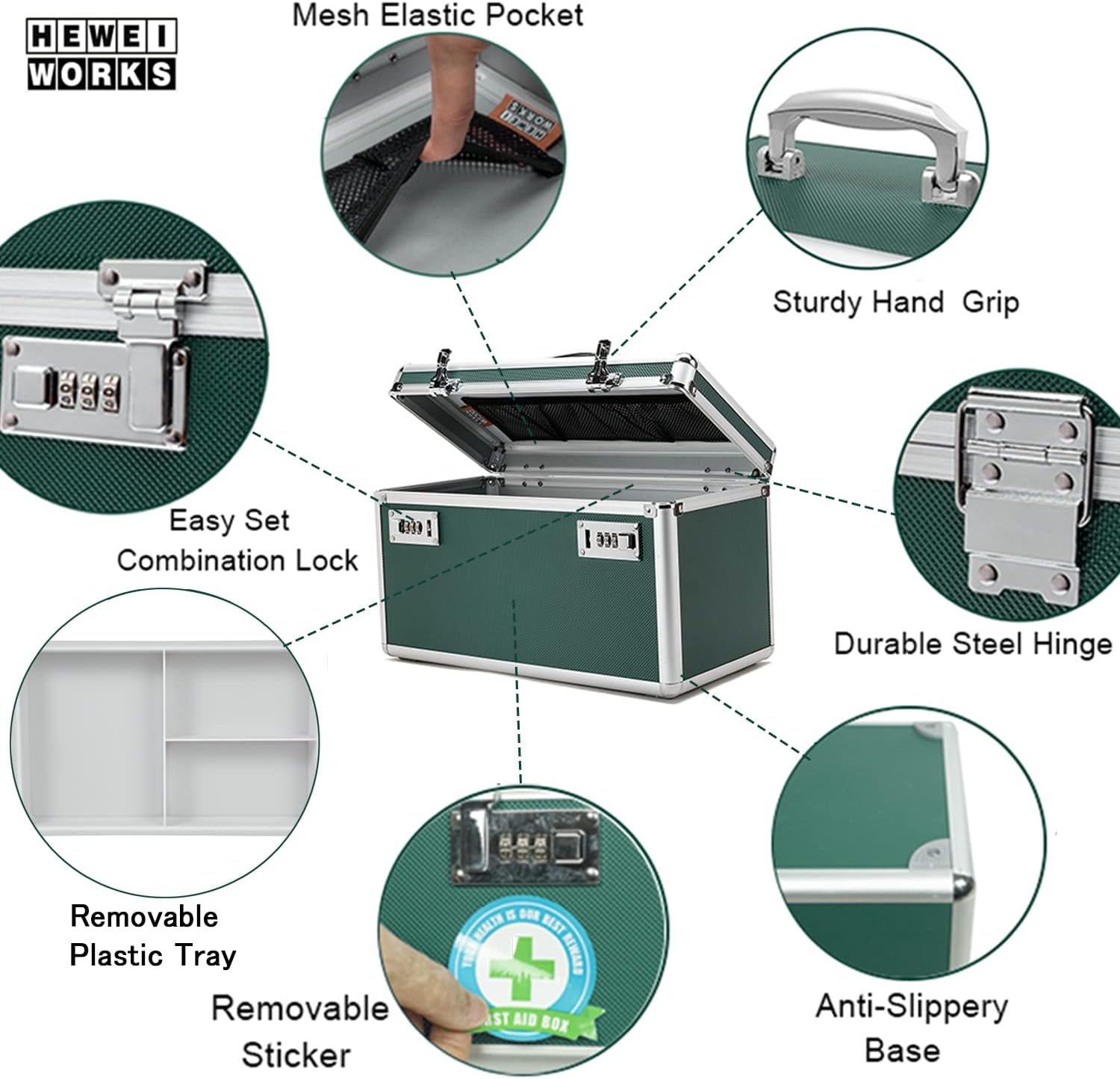 Large capacity Locking Box， Lockable Medication Box with Portable Storage Case, 15''x 8.7''x 9.3'', Childproof Medicine Lock Organizer, Locked Empty First Aid Storage Case (GREEN)