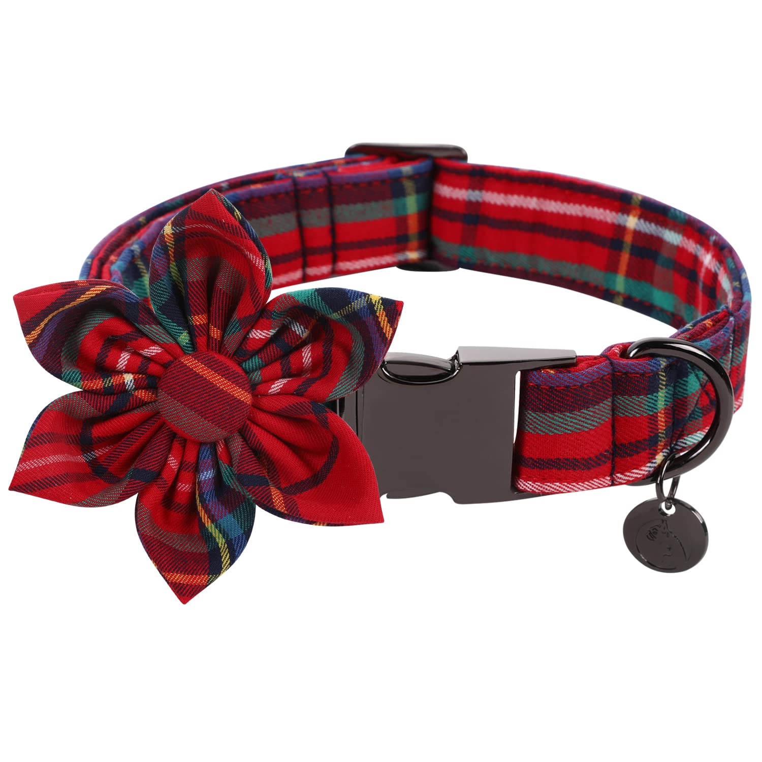 DOGWONG Christmas Dog Collar with Flower, Red Plaid Dog Collar Soft Durable Adjustable Cotton Red Tartan Puppy Collar for Small Medium Large Dog