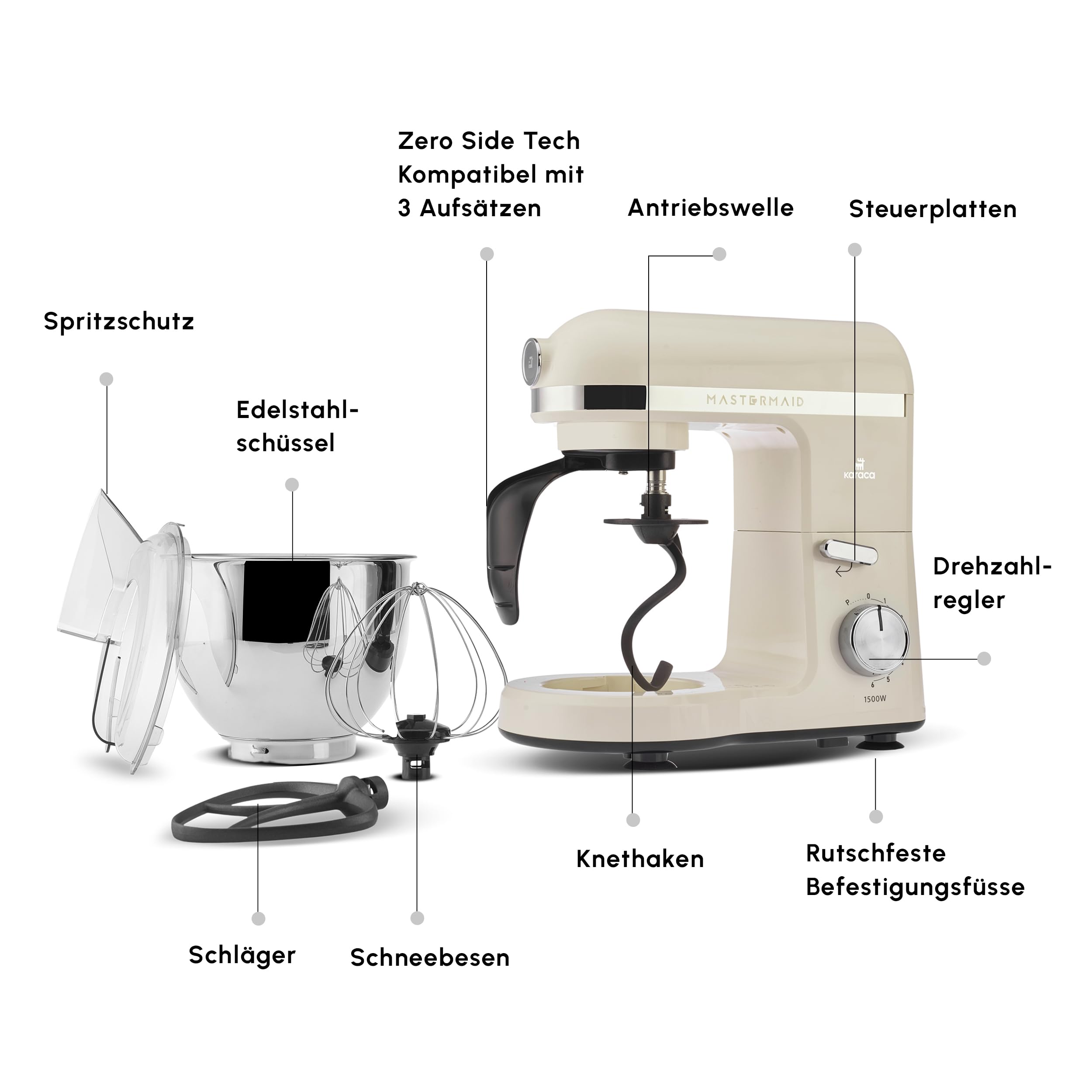 Karaca Mastermaid Chef Pro Cocina doble armado 1500W Iconic Beige brillante, 1500W, mezclador de 5 l, procesador de alimentos, ajuste de velocidad, gancho amasador, batidor, amasado y mezcla