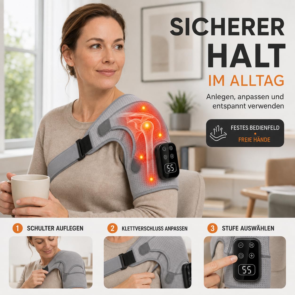 Masajeador de hombro 3 en 1 con calor y vibración, 5 niveles, pantalla LED, batería de 2000 mAh, vendaje de hombro calentable con panel de control fijo y correa de ajustable para el hogar y la oficina