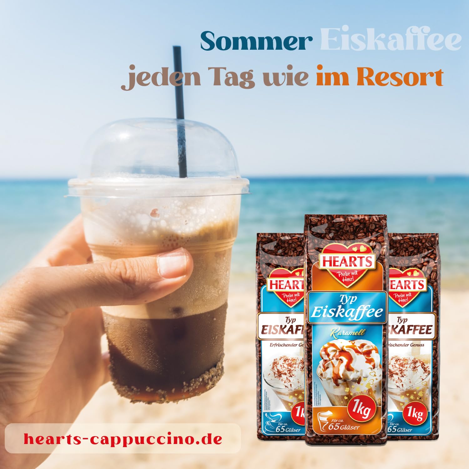 HEARTS kawa mrożona w proszku karmelowa 20 x 1 kg, korzystne opakowanie idealne na stacje benzynowe, piekarnie, hotele, przedsiębiorstwa itd. – Zmielona kawa na lato, Frappe Art, letni napój,