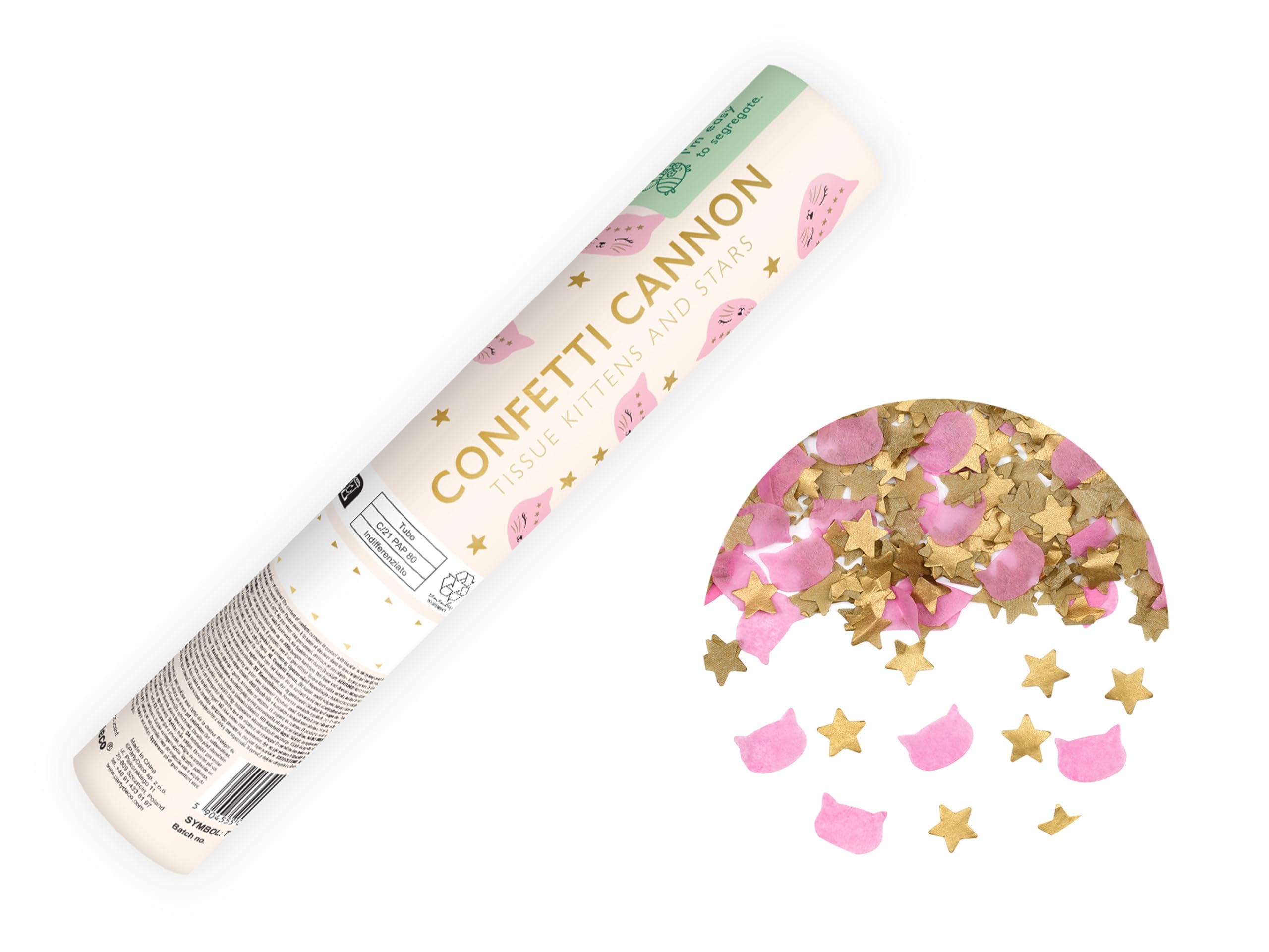 Konfettikanone mit Sternen und Katzen 20cm x 24 Stück - 5 bis 8 m Effekthöhe - Konfetti Kanone Geburtstag Babyparty - Party Popper - Konfettiregen Shooter - Konfettibombe - Gold Rosa
