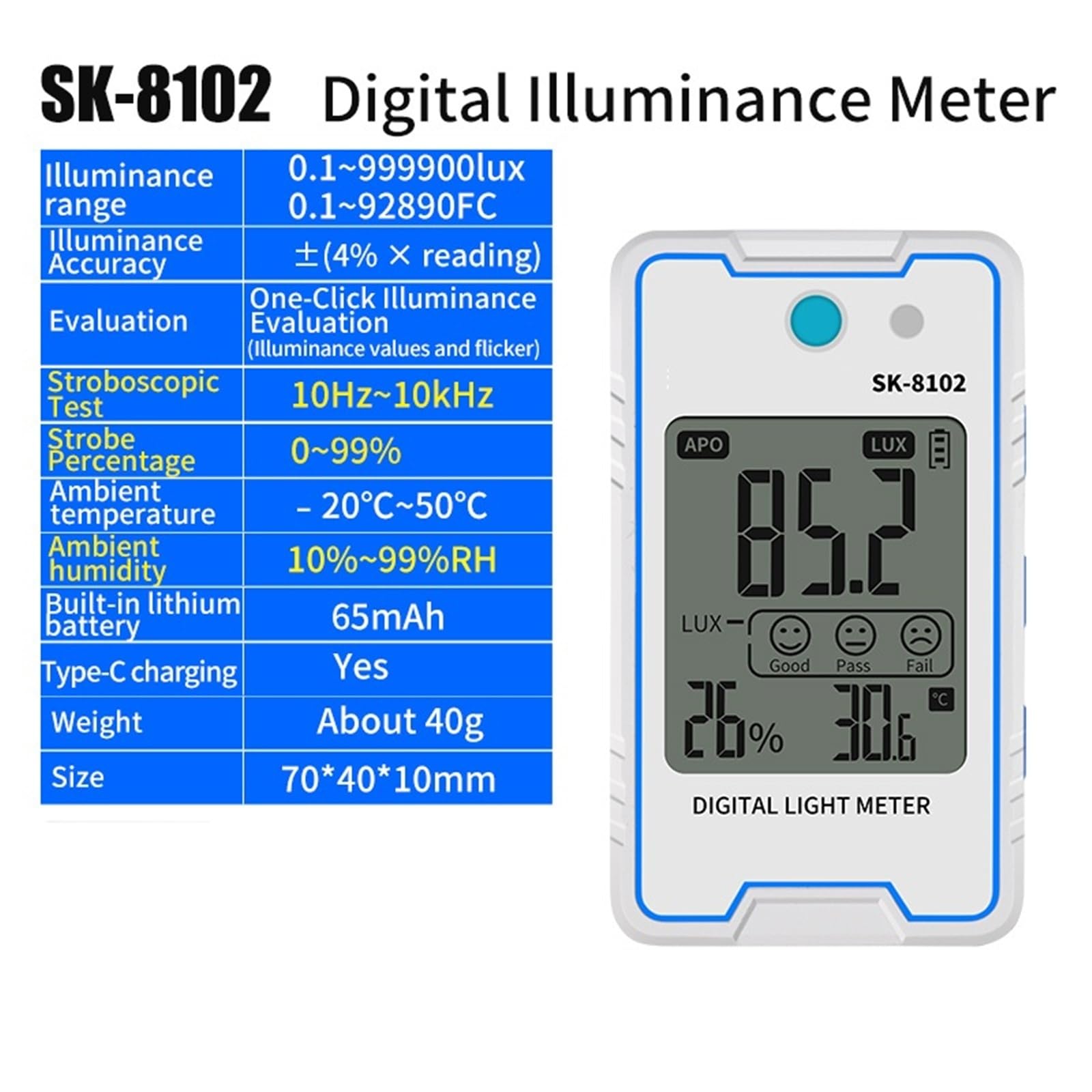 Luxómetro, Mini iluminómetro Digital SK8102 luxómetro Digital profesional 999900Lux 92890FC medidor de Lux de luz estroboscópica(SK-8102)