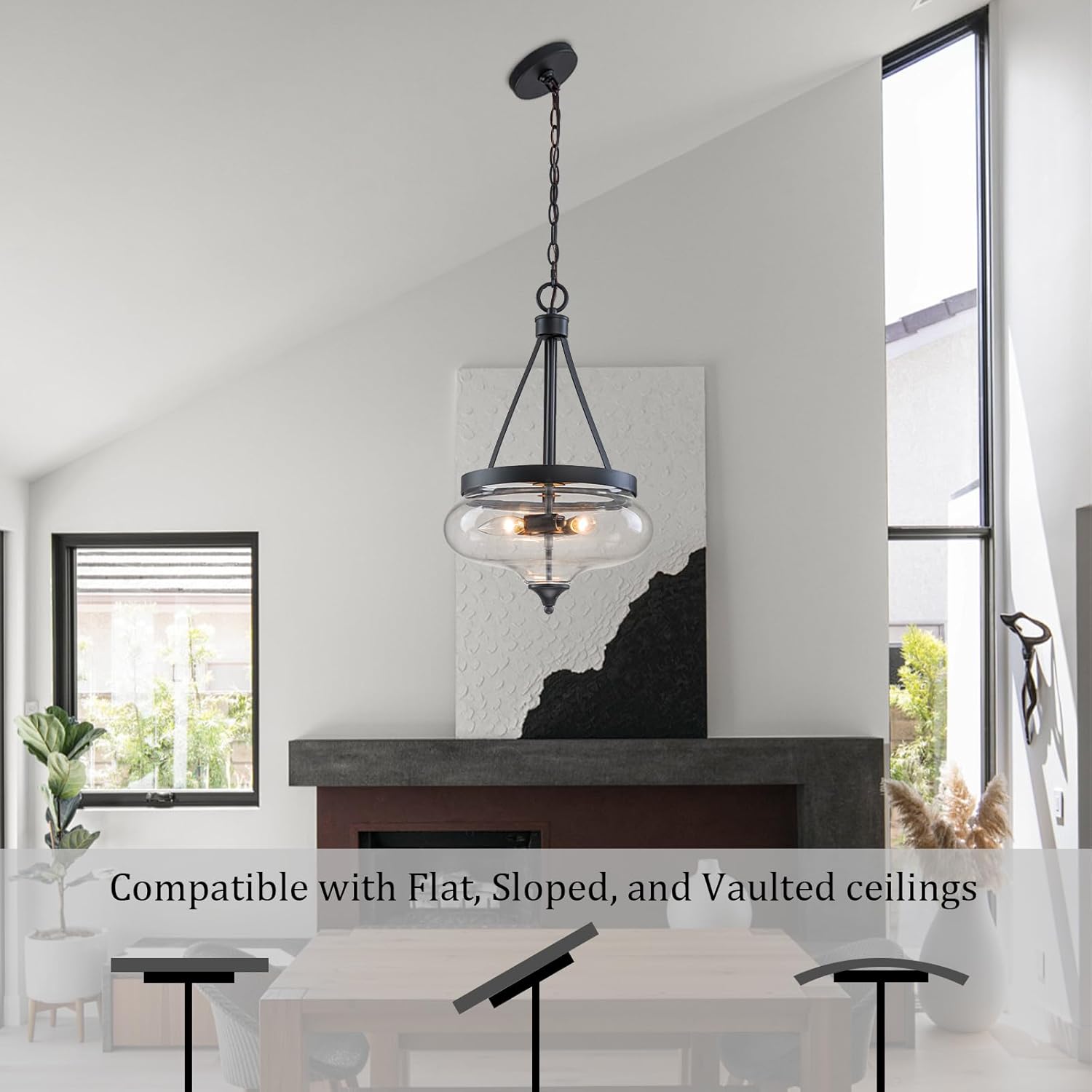 12.6" Clear Pear-Shaped Glass Chandelier 3-Lights Modern Black Pendant Light Fixture for Kitchen Island, Living Room, Hallway, Bedroom, Dining Room, Foyer