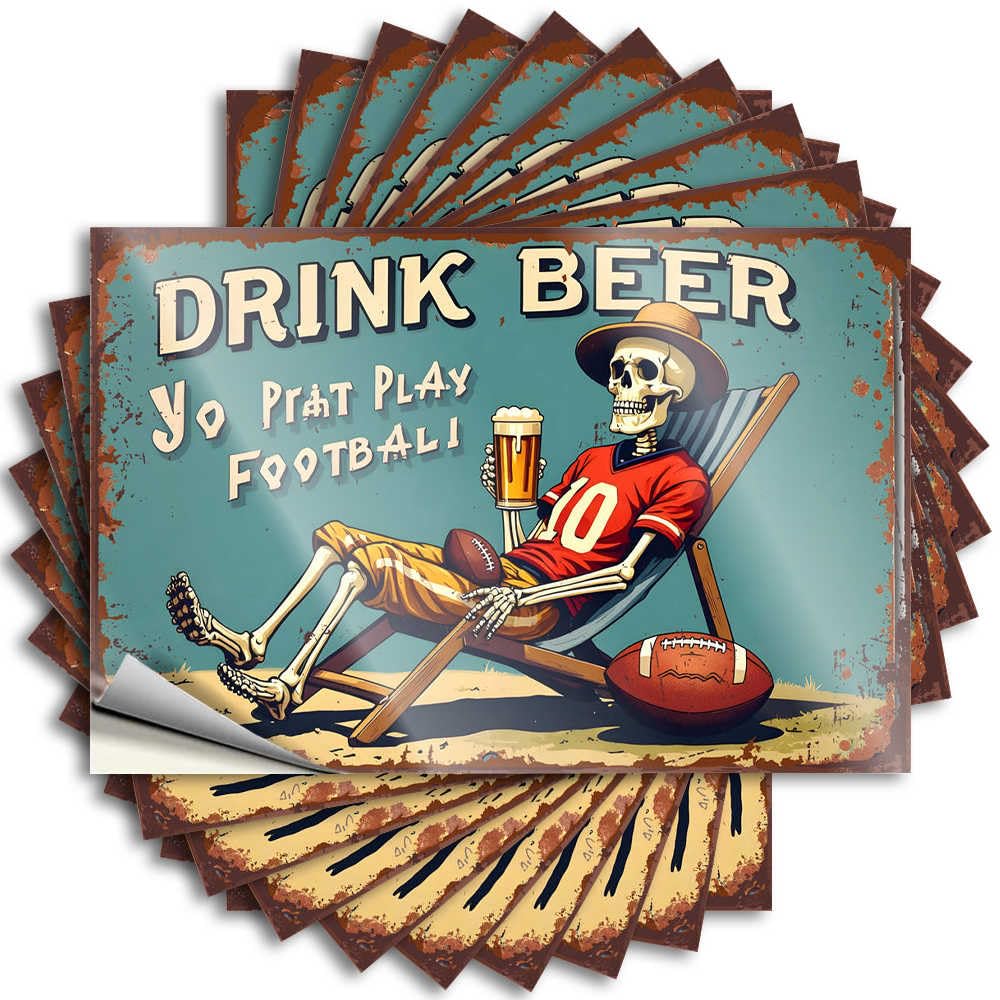Relaxing Skeleton Enjoys Beer and Football Optical Illusion Tattoos | Holiday Waterproof Vinyl Wall Layered Removable Decal Peel Stick(6X9CM)