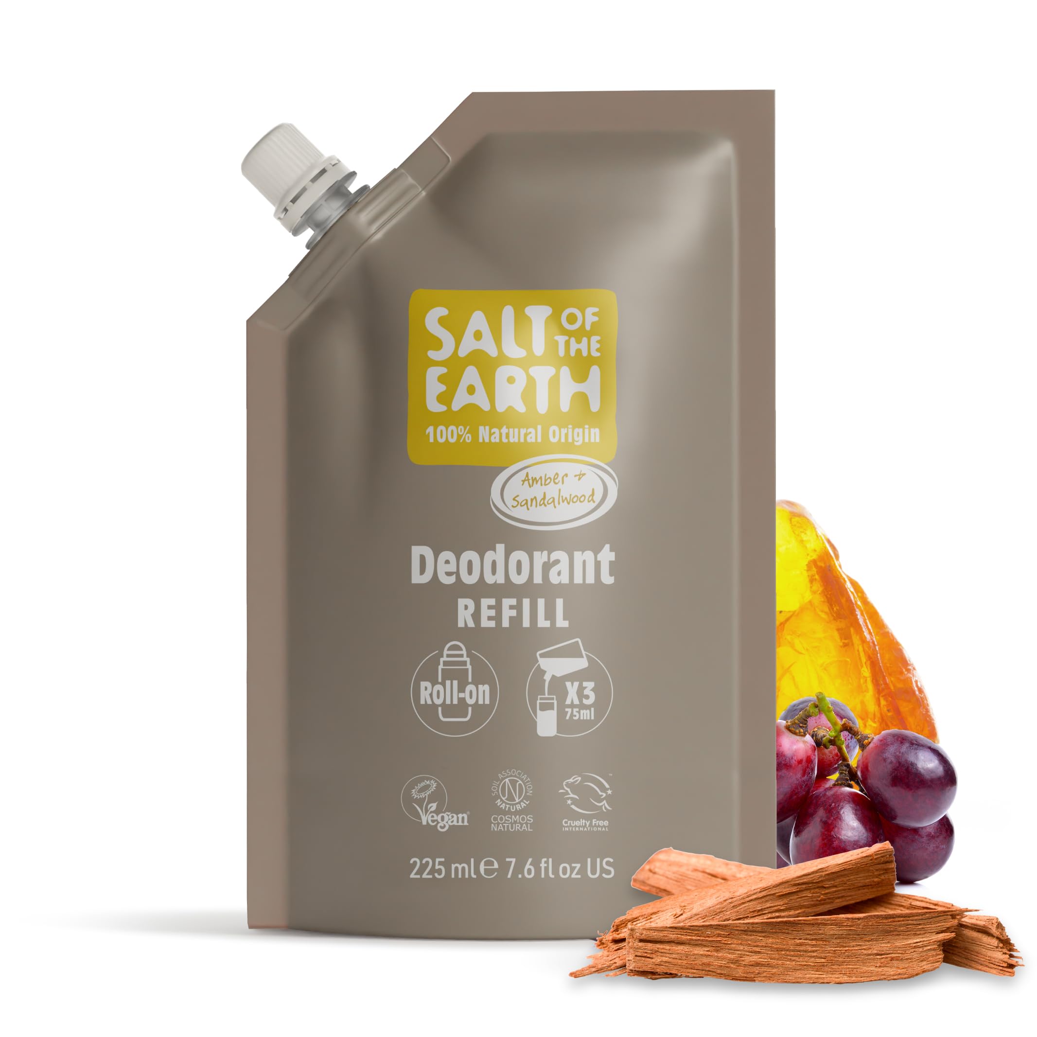 Salt of the Earth - Natural Deodorant Roll On Refill Pouch, x3 Uses - Amber & Sandalwood - Vegan, Long Lasting Protection, Made in the UK - 225ml