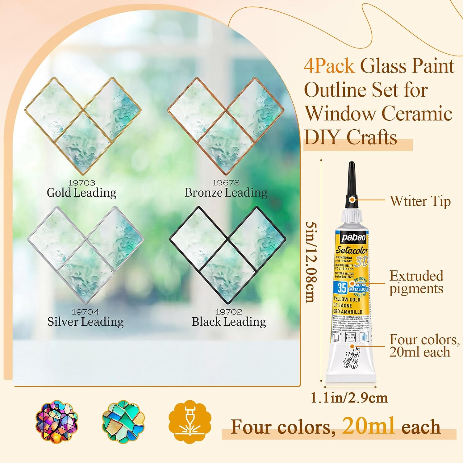 4 Pack 4 Colors Glass Paint Outliner Set, 20ml Each, 3D Metallic Liner for Stained Glass Art, Window Decor, Ceramic Craft DIY Kit with Fine Tip Applicator