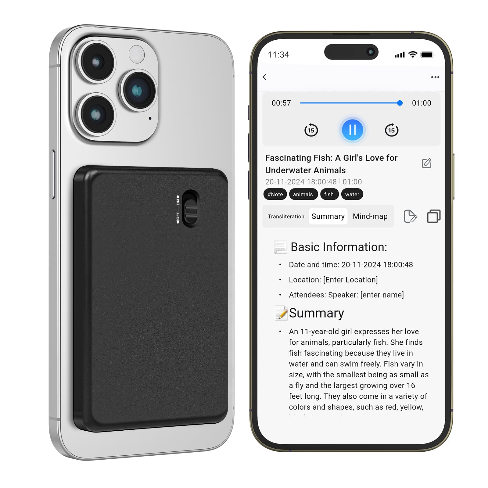 AI Voice Recorder with Transcription & Summarization: 1536Kbps Recording Device with App Control Support 59 Languages, 64GB (200H Storage), 25H Battery Life, Perfect for Lectures, Meetings, Interview